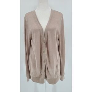 Garnet Hill Linen Women Cardigan Size Medium Beige Knit Button Front Lightweight